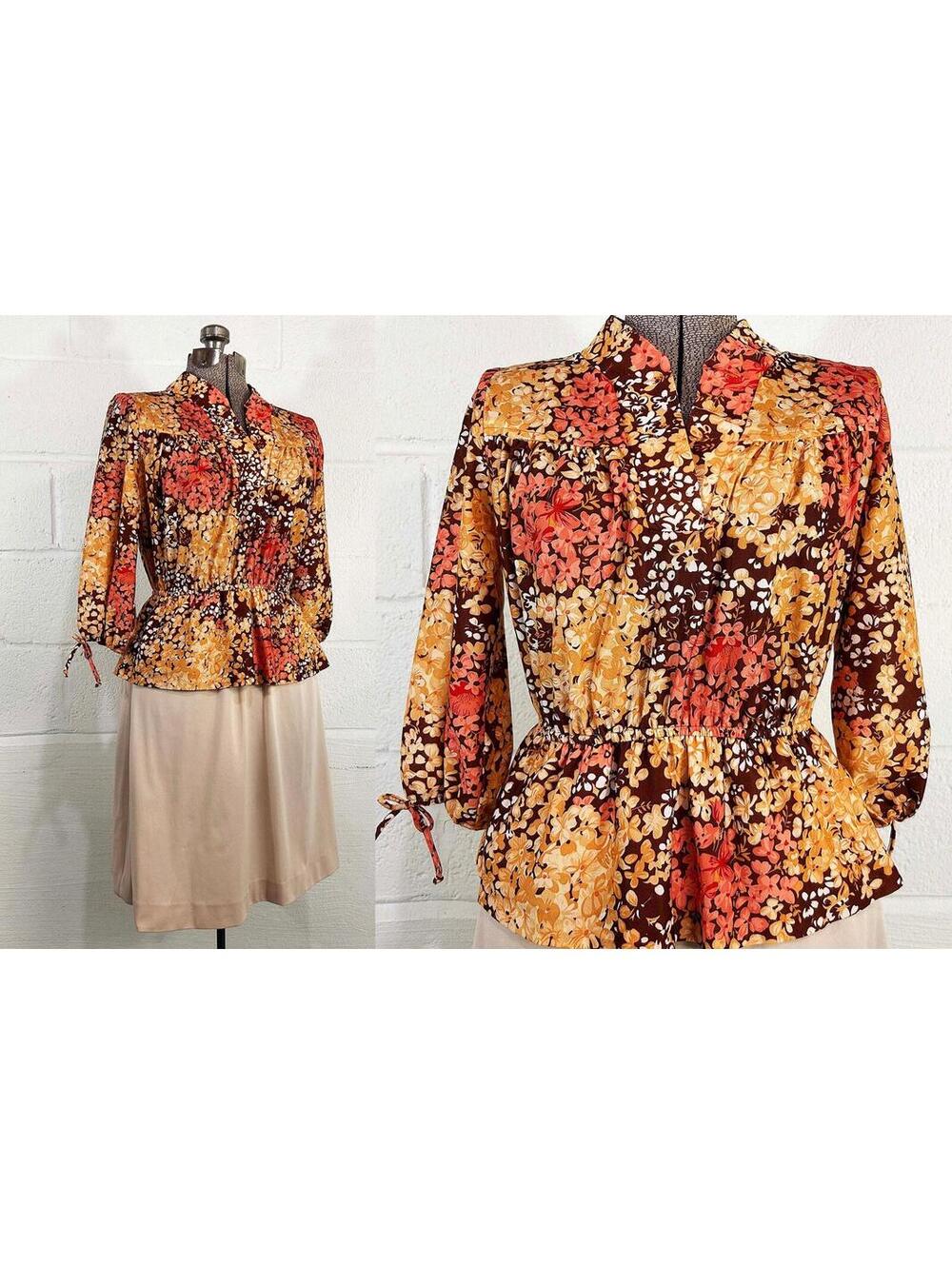 Peplum Dress Romantic Peach Orange Brown 3/4 Sleeve A Line 1970s Large XL